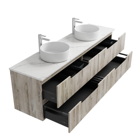 Open drawers of the Aulic Tuscana 1500mm wall hung vanity showing the graphite interior