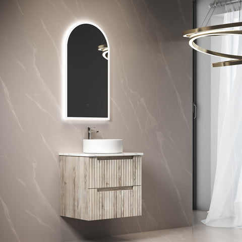 Aulic Tuscana 600mm wall hung vanity styled in a bathroom