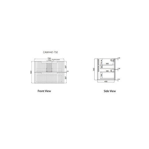 Aulic Tuscana 750mm wall hung vanity dimensions diagram