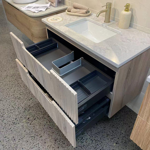 Close-up styling shot of the Aulic Tuscana 750mm wall hung vanity