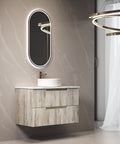 Aulic Tuscana 900mm wall hung vanity styled in a bathroom