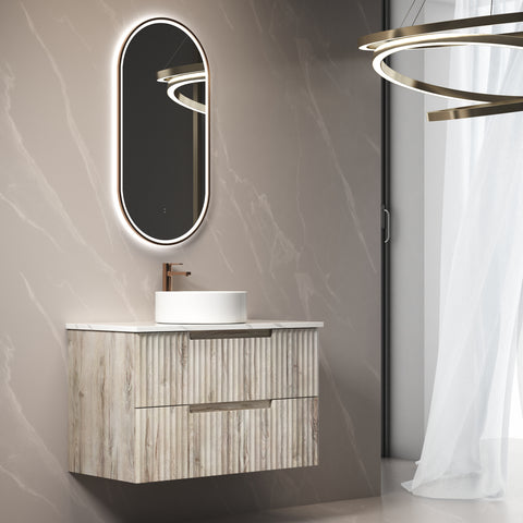 Side view of the Aulic Tuscana 900mm wall hung vanity showing drawer depth