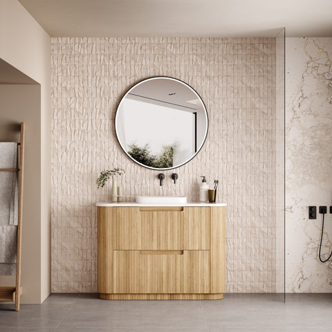 Aulic Varcelli 1200mm floor standing vanity styled in a bathroom