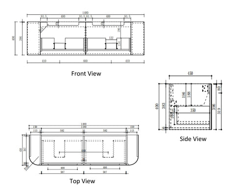 Aulic Varcelli Mono 1500mm wall hung vanity dimensions diagram