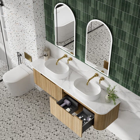 Close-up styling shot of the Aulic Varcelli Mono 1500mm wall hung vanity