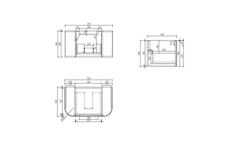 Aulic Varcelli Mono 750mm wall hung vanity dimensions diagram