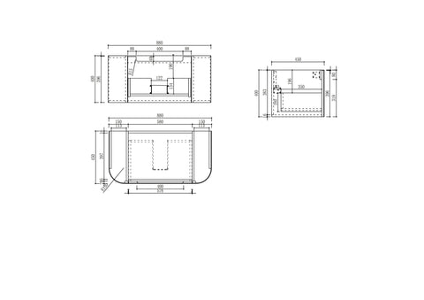 Aulic Varcelli Mono 900mm wall hung vanity dimensions diagram