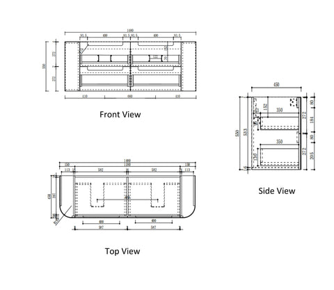 Aulic Varcelli Tier 1500mm wall hung vanity dimensions diagram