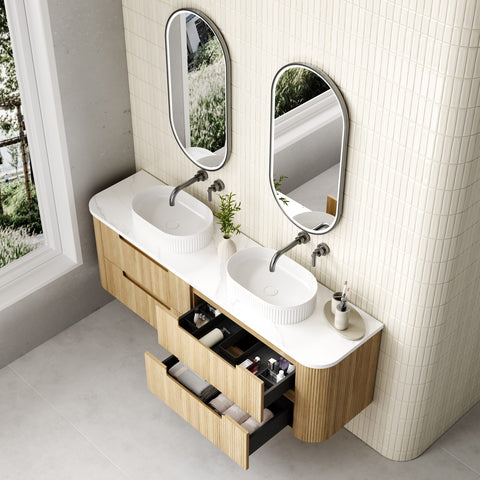 Close-up styling shot of the Aulic Varcelli Tier 1500mm wall hung vanity