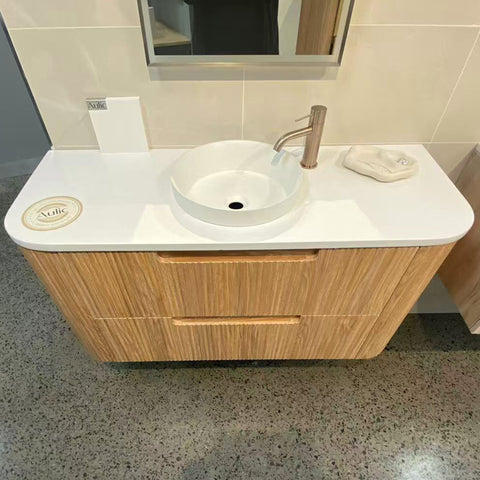 Close-up styling shot of the Aulic Varcelli Tier 900mm wall hung vanity