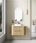 Aulic Varcelli Tier 900mm wall hung vanity styled in a bathroom