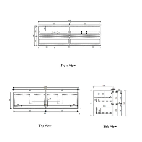 Aulic Venetta 1800mm wall hung vanity dimensions diagram