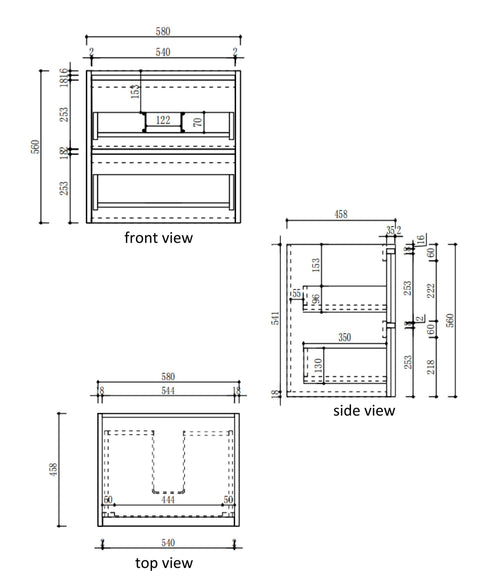 Aulic Venetta 600mm wall hung vanity dimensions diagram