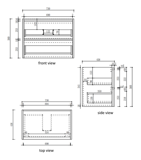 Aulic Venetta 750mm wall hung vanity dimensions diagram