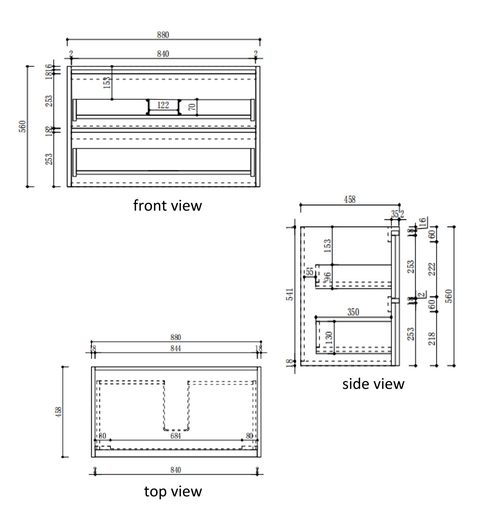 Aulic Venetta 900mm wall hung vanity dimensions diagram