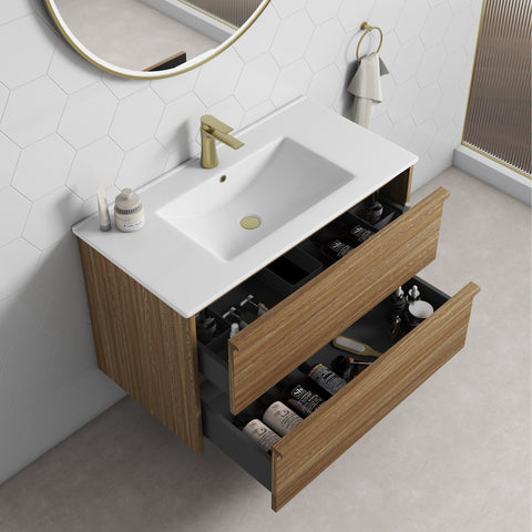 Close-up styling shot of the Aulic Venetta 900mm wall hung vanity