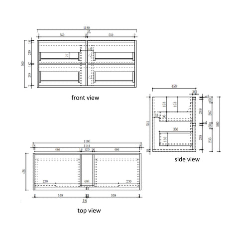 Aulic Venetta Fluted 1200mm wall hung vanity dimensions diagram