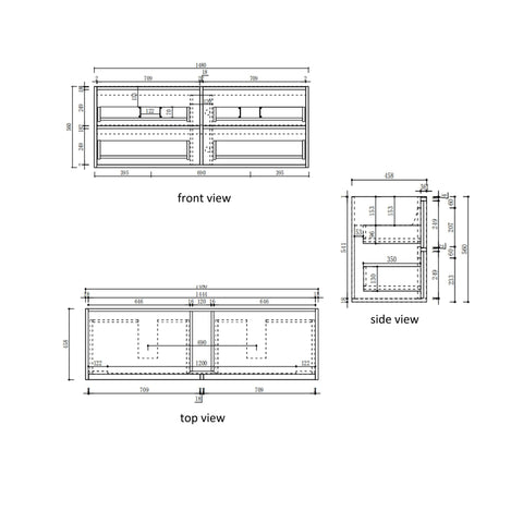 Aulic Venetta Fluted 1500mm wall hung vanity dimensions diagram