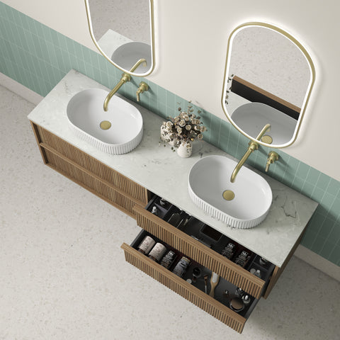 Close-up styling shot of the Aulic Venetta Fluted 1800mm wall hung vanity