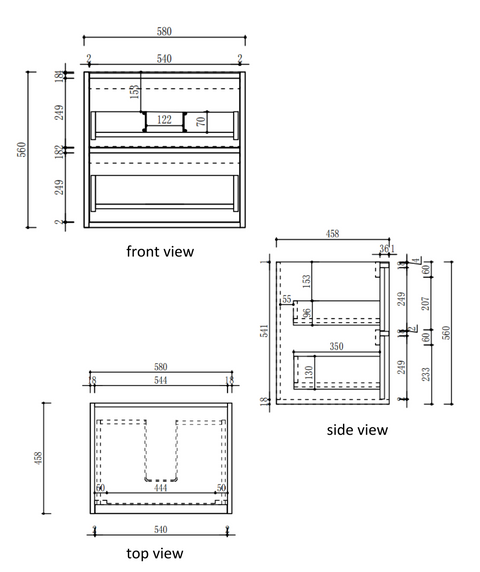 Aulic Venetta Fluted 600mm wall hung vanity dimensions diagram