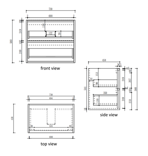Aulic Venetta Fluted 750mm wall hung vanity dimensions diagram