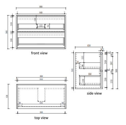 Aulic Venetta Fluted 900mm wall hung vanity dimensions diagram
