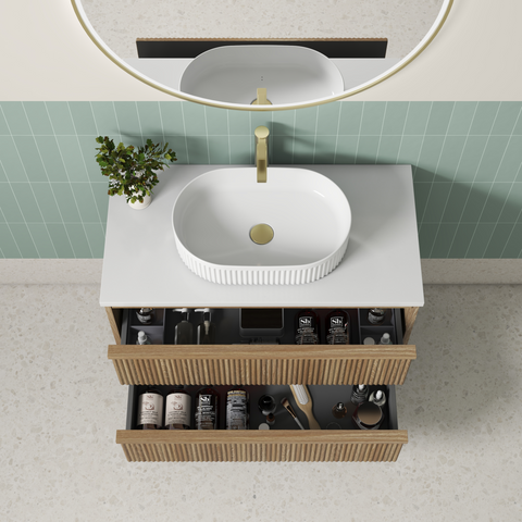 Close-up styling shot of the Aulic Venetta Fluted 900mm wall hung vanity