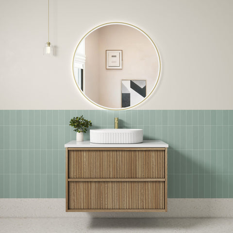 Aulic Venetta Fluted 900mm wall hung vanity styled in a bathroom