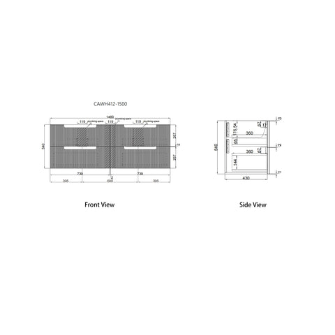 Aulic Verona Mark II 1500mm vanity dimensions diagram, 1500 x 460 x 540mm