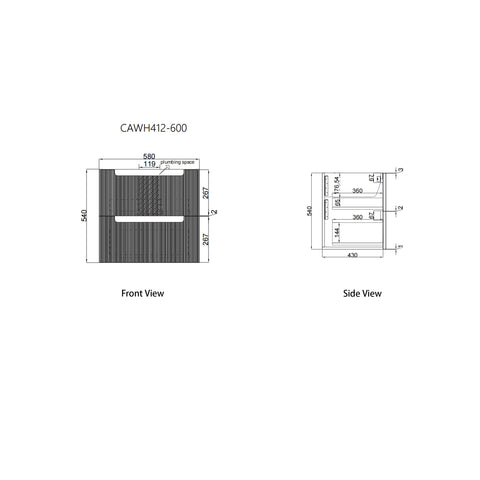 Aulic Verona Mark II 600mm wall hung vanity dimensions diagram