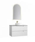 Aulic Verona Mark II 900mm wall hung vanity in matte white V-groove, styled in a bathroom