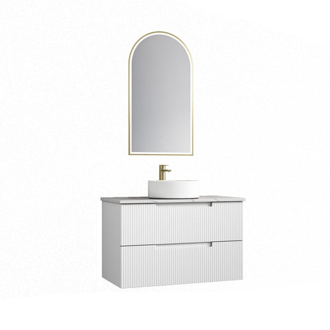 Aulic Verona Mark II 900mm wall hung vanity in matte white V-groove, styled in a bathroom