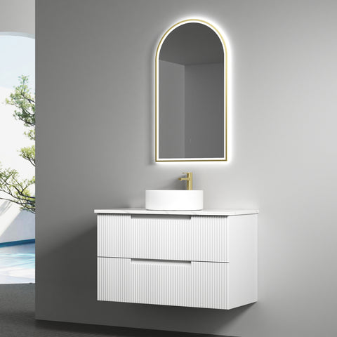 Side view of the Aulic Verona Mark II 900mm wall hung vanity showing drawer depth