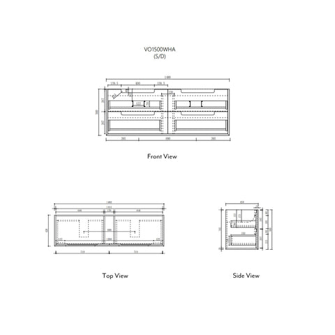 Aulic Voulari 1500mm wall hung vanity dimensions diagram