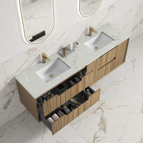 Close-up styling shot of the Aulic Voulari 1800mm wall hung vanity