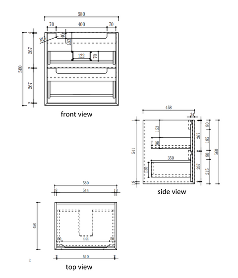 Aulic Voulari 600mm wall hung vanity dimensions diagram