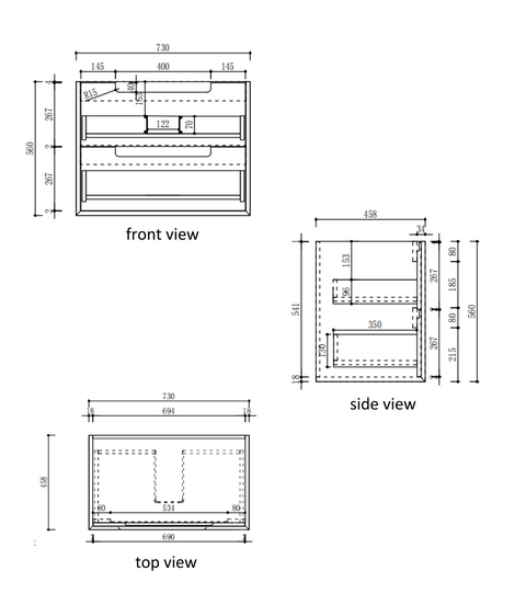 Aulic Voulari 750mm wall hung vanity dimensions diagram