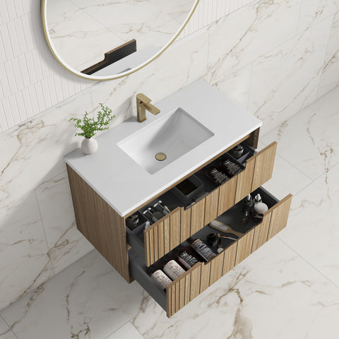 Close-up styling shot of the Aulic Voulari 750mm wall hung vanity