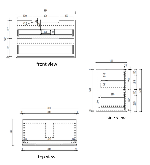 Aulic Voulari 900mm wall hung vanity dimensions diagram