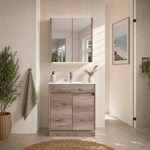 Close-up styling shot of the Aulic York 600mm floor standing vanity