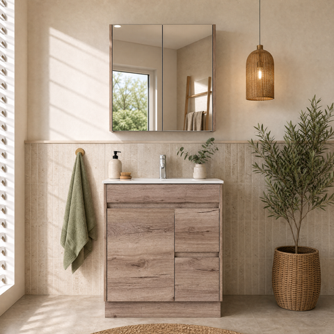 Close-up styling shot of the Aulic York 750mm floor standing vanity