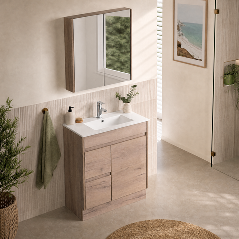 Aulic York 900mm floor standing vanity shown in a finished bathroom