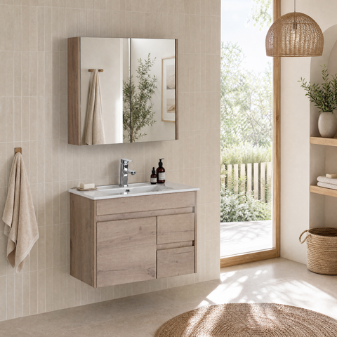 Aulic York 900mm wall hung vanity styled in a bathroom