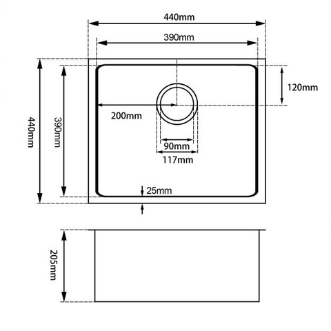 Aqua Perla - Dark Grey Stainless Steel Single Bowl Kitchen Sink 440x440x205mm