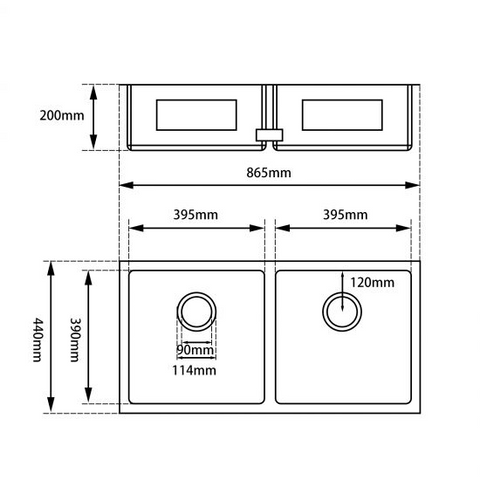 Aqua Perla - Chrome Stainless Steel Double Bowl Kitchen Sink 860x440x200mm