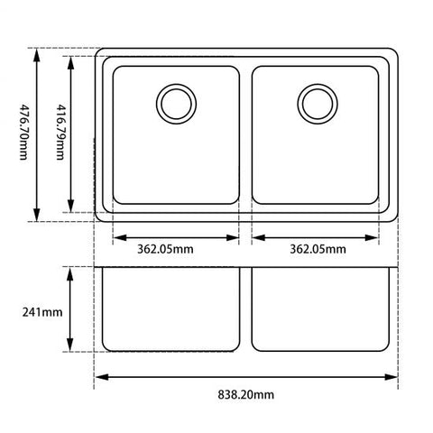 Aqua Perla - Black Granite Double Bowl Undermount Kitchen Sink 838x476x241mm