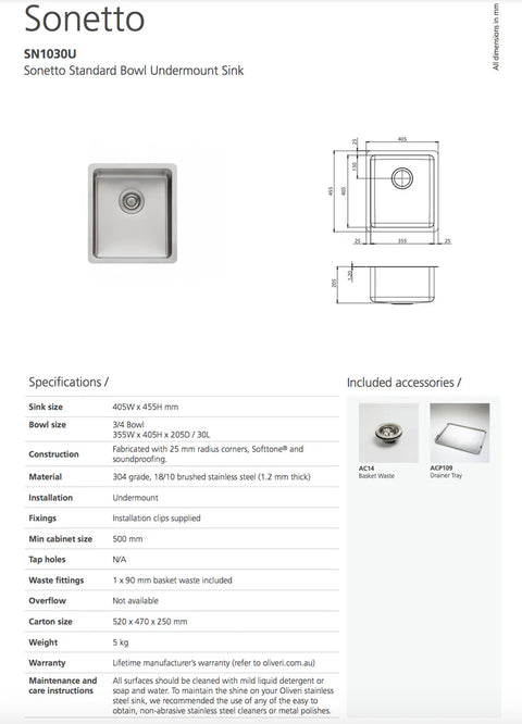 Oliveri - Sonetto Large Bowl Undermount Sink & Standard Bowl Undermount Sink