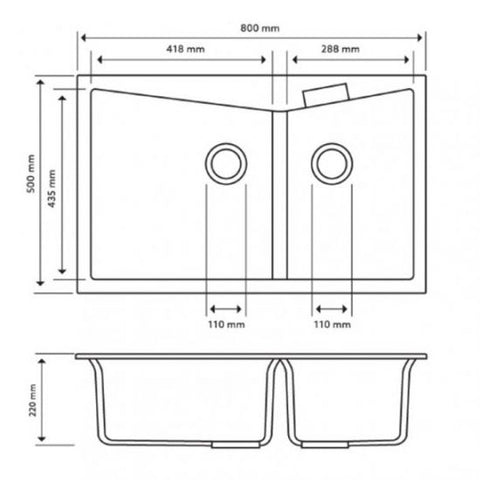 Aqua Perla - Concrete Grey Carysil Granite Double Bowl Kitchen Sink 800x500mm