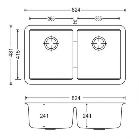 Aqua Perla - Concrete Grey Carysil Granite Double Bowl Kitchen Sink 824x481x241mm