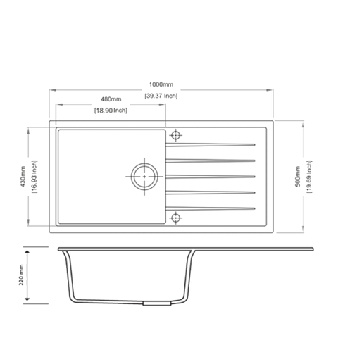 Aqua Perla - Black Carysil Granite Single Bowl Kitchen Sink 1000x500mm